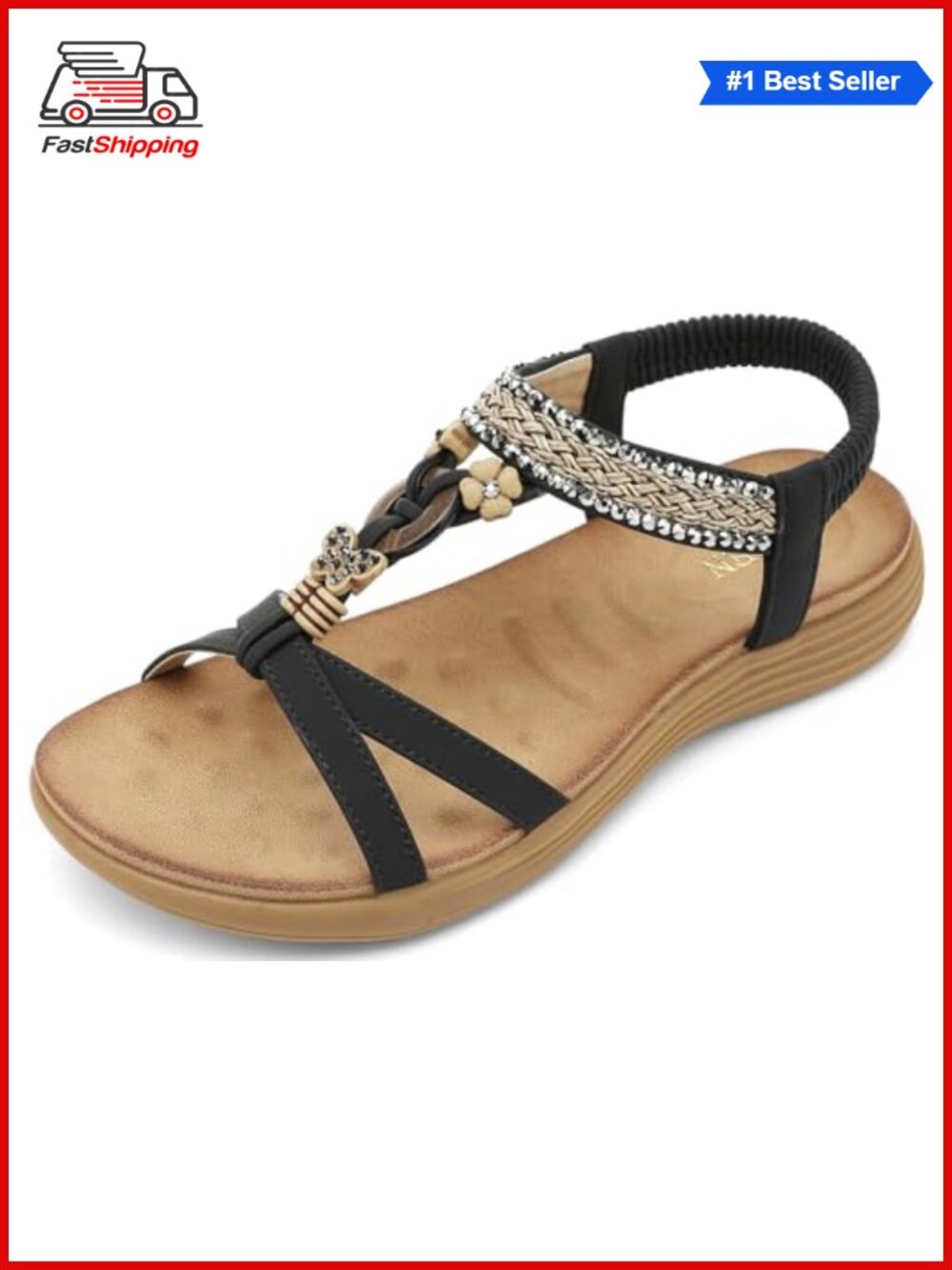 UBFEN Womens Bohemian Flat Sandals Rhinestone Gladiator Slide Casual